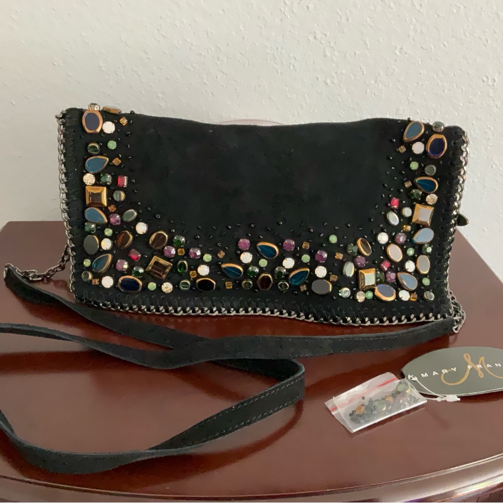 NEW RETIRED MARY FRANCES FRACTURED N347 CLUTCH BLACK SUEDE STONES